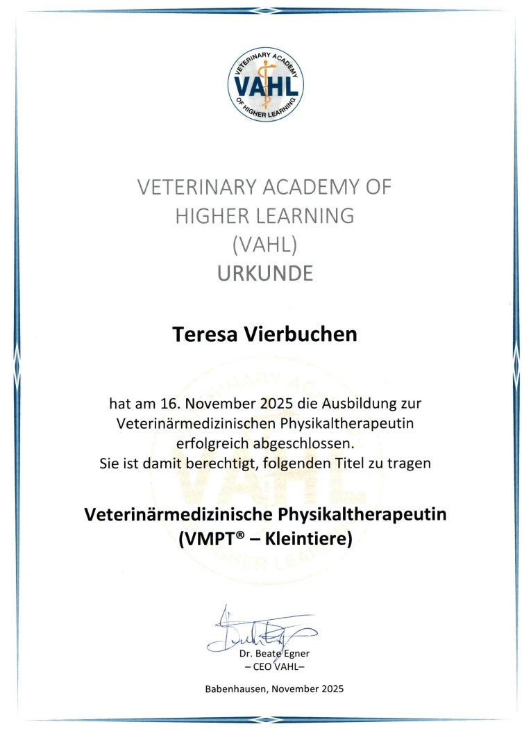 Urkunde von VAHL für Teresa Vierbuchen